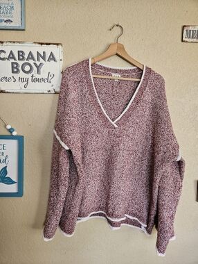 POL Large Sweater Deep V Neck Marled Burgundy Whitw Boho Oversized
